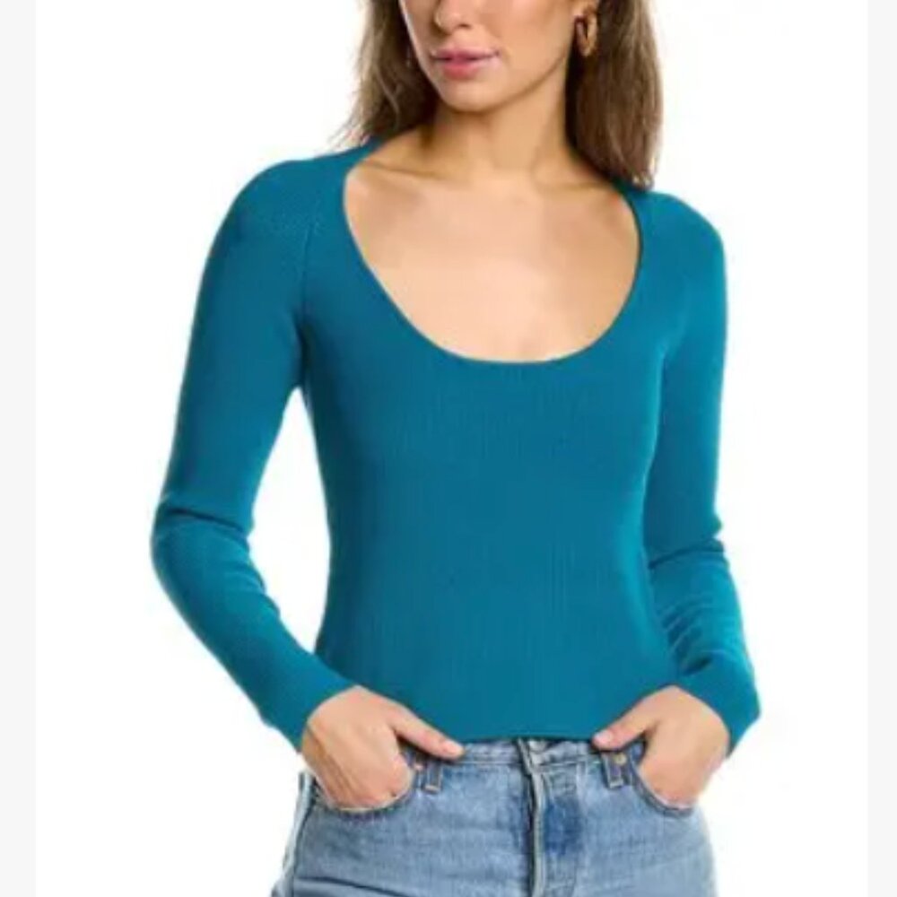 The Sei Top Womens Large Teal Blue Open Back Strappy Knit Sexy Party Date Night